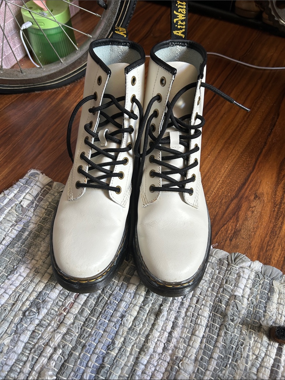 White Lace-Up Combat Boots with Black Trim